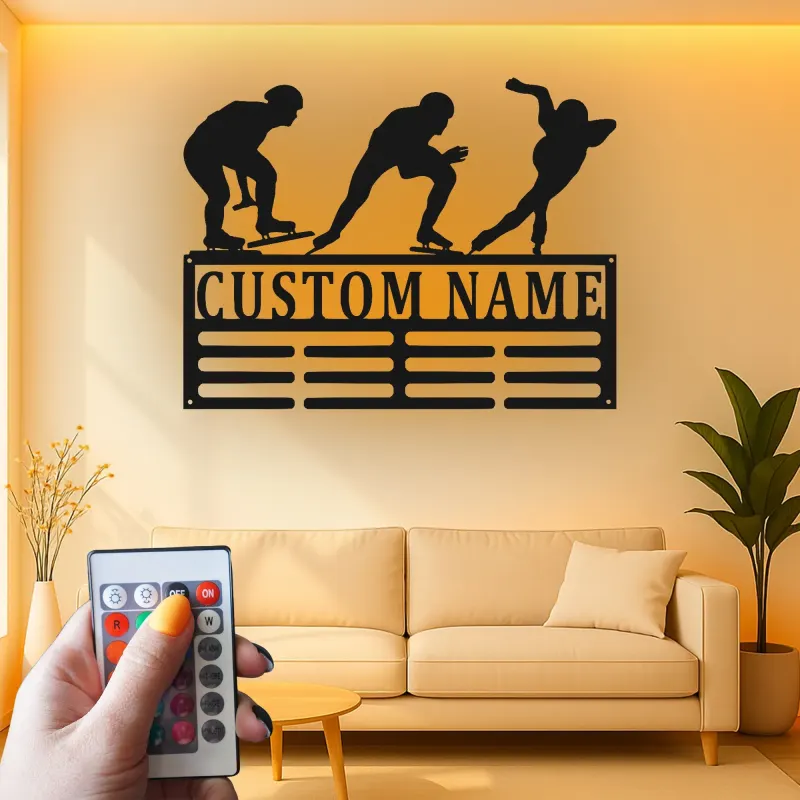 Individuelle LED Metall-Wandkunst für Eisschnelllauf | Personalisierte Silhouette eines Eiskunstläufers & Medaillenhalter | Geschenk für Sportler