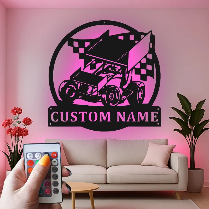 Custom Sprint Car Metal Sign | Personalized LED Race Car Wall Art | Gift for Racer Garage or Man Cave Decor