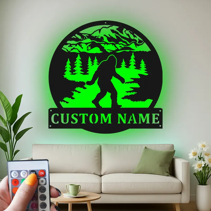 Custom Bigfoot Forest Led Light Metal Wall Art Unique Gift for Outdoor Enthusiasts Cabin or Man Cave Decor