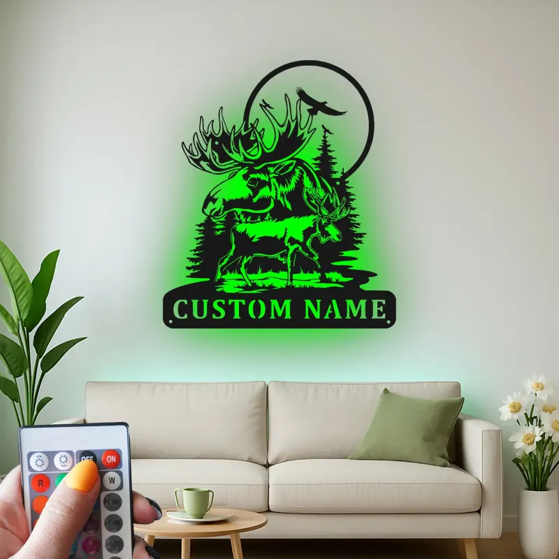 Panneau en métal personnalisé avec élan et aigle | Art mural rétroéclairé pour décoration de cabane rustique | Cadeau personnalisé pour amoureux de la nature