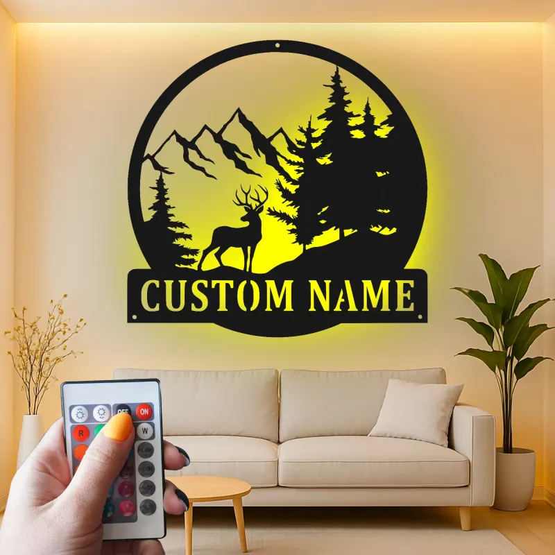 Custom Deer Mountain Scene Led Light Metal Wall Art Personalized Nature Lover Gift Cabin Decor