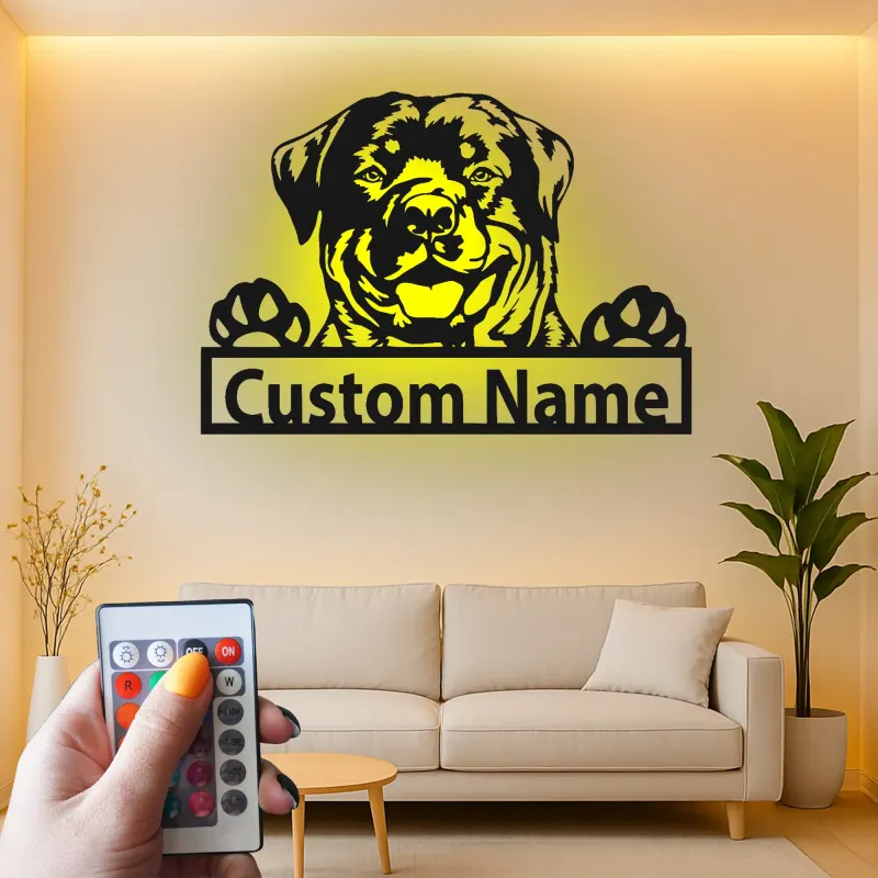 Insegna in metallo personalizzata con Rottweiler | Insegna con nome del cane con luce LED | Regalo per amanti degli animali e decorazione moderna per la casa