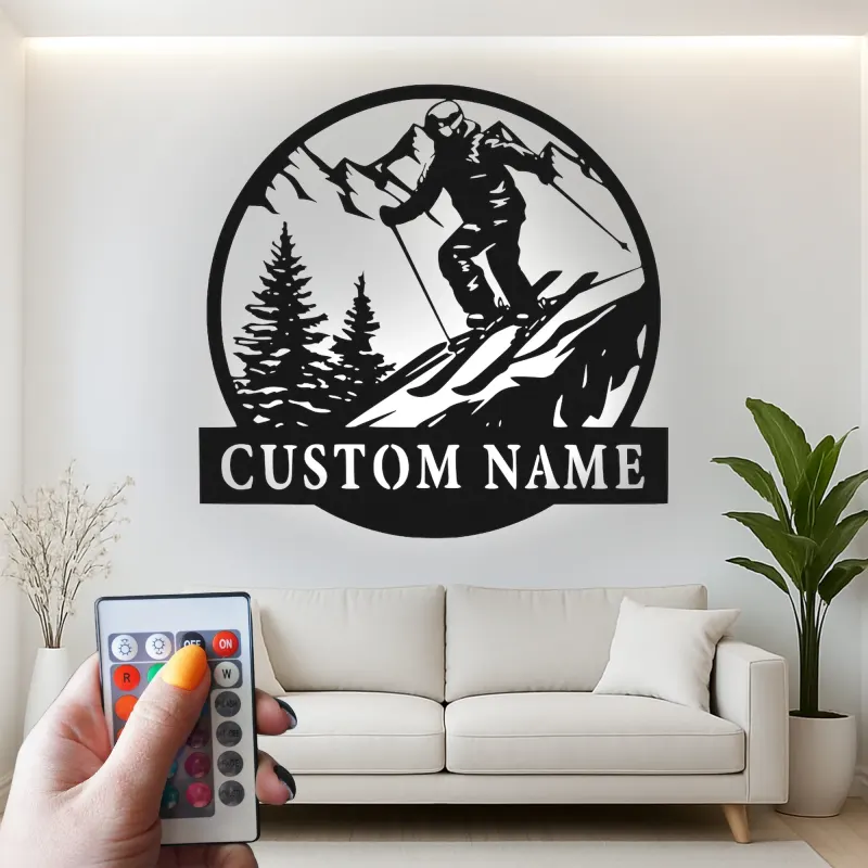 Custom Downhill Skier Metal Wall Art | Personalized LED Ski Decor | Mountain Lodge Sign | Winter Sports Gift