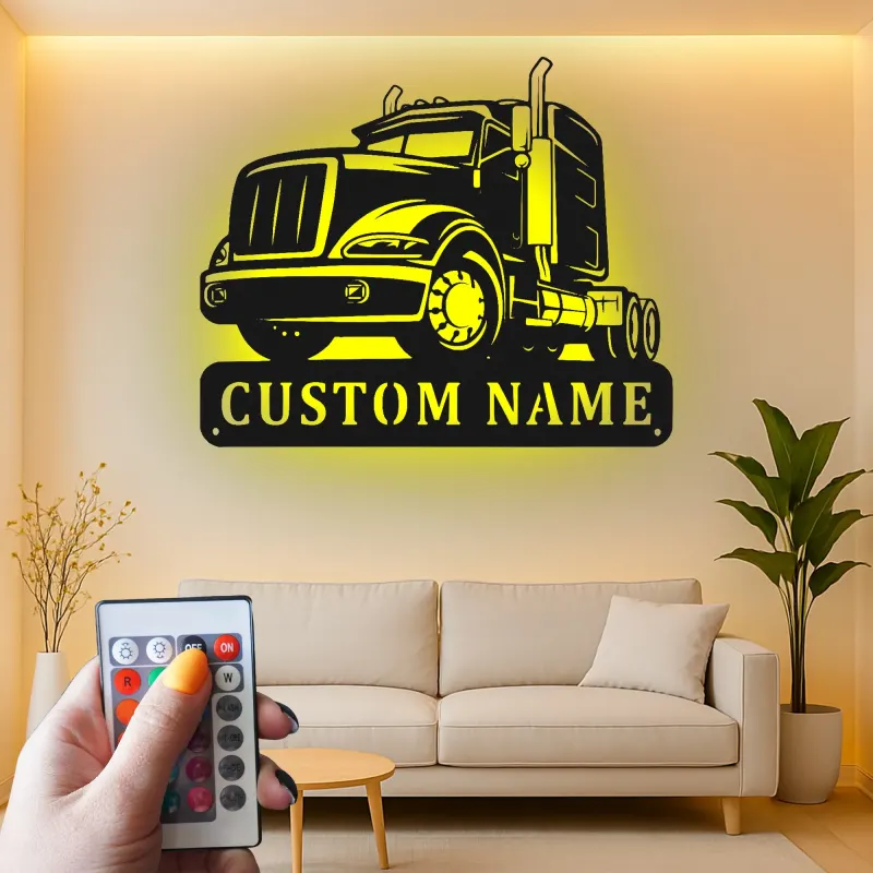Personalized Trucker Sign with LED | Custom Semi Truck Metal Wall Art | Big Rig Decor for Man Cave, Garage | Gift for Husband