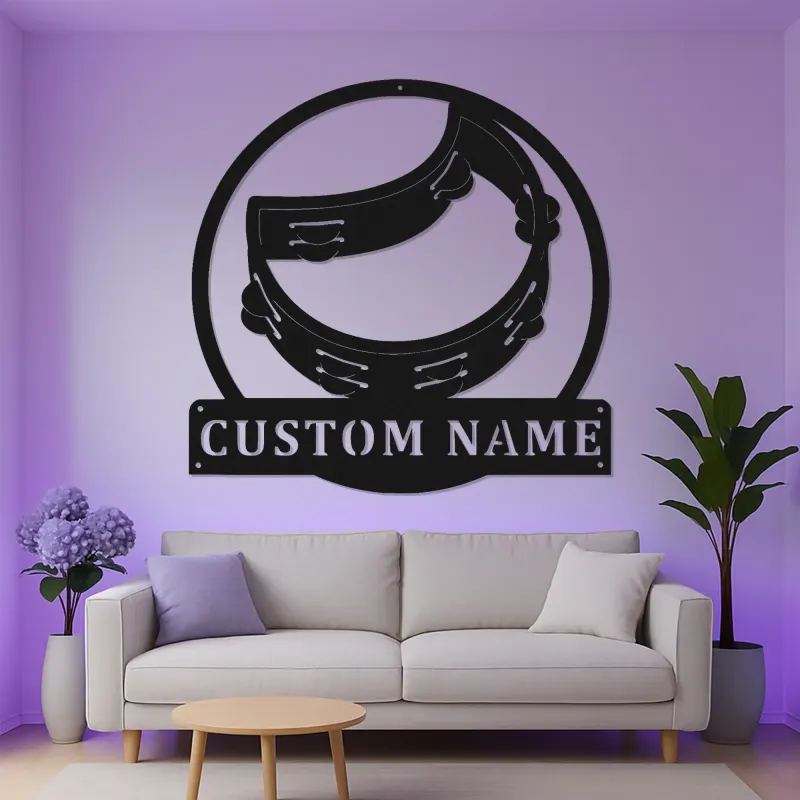 Personalized Tambourine Sign | LED Metal Wall Art for Music Room | Custom Musician Nameplate | Percussionist Gift