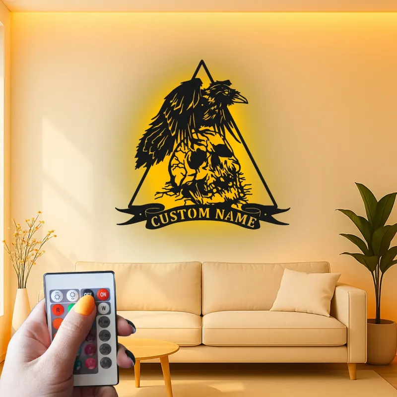 Insegna LED in metallo gotica con corvo e teschio | Arte murale horror personalizzata | Decorazione spettrale su misura per man cave, studio | Targhetta dark art