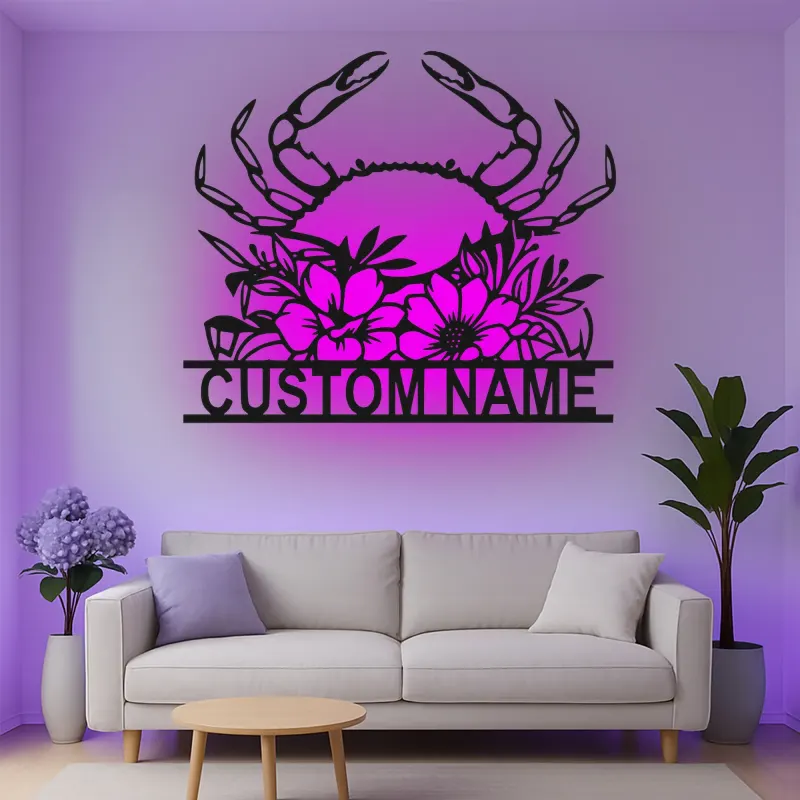 Personalisierte Krabbe mit Blumenmotiv – LED-Metall-Wandkunst, Küstengeschenk für Strandhaus-Deko