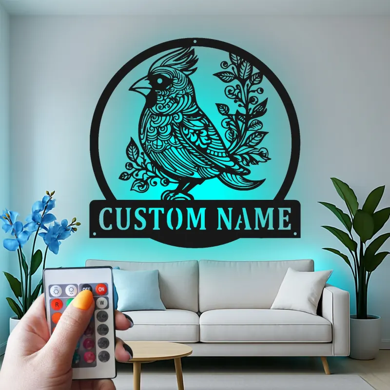 Décoration murale en métal personnalisée avec oiseau cardinal et rétroéclairage LED - Cadeau pour amoureux de la nature - Décor pour salon ou jardin