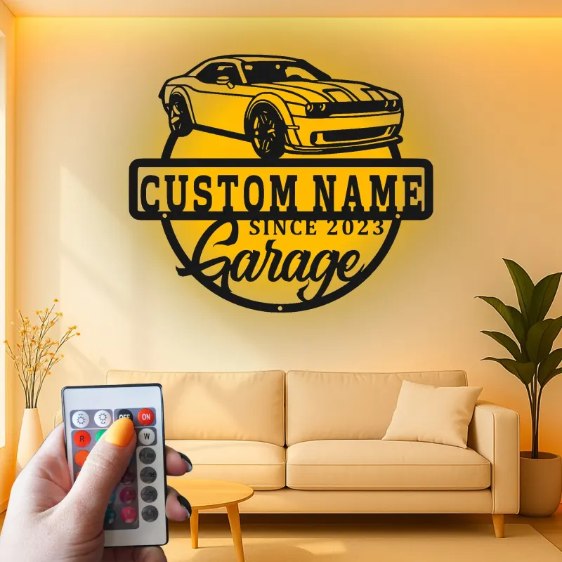 Insegna Garage Challenger Personalizzata | Insegna in Metallo LED | Decorazione per Man Cave per Appassionati di Auto