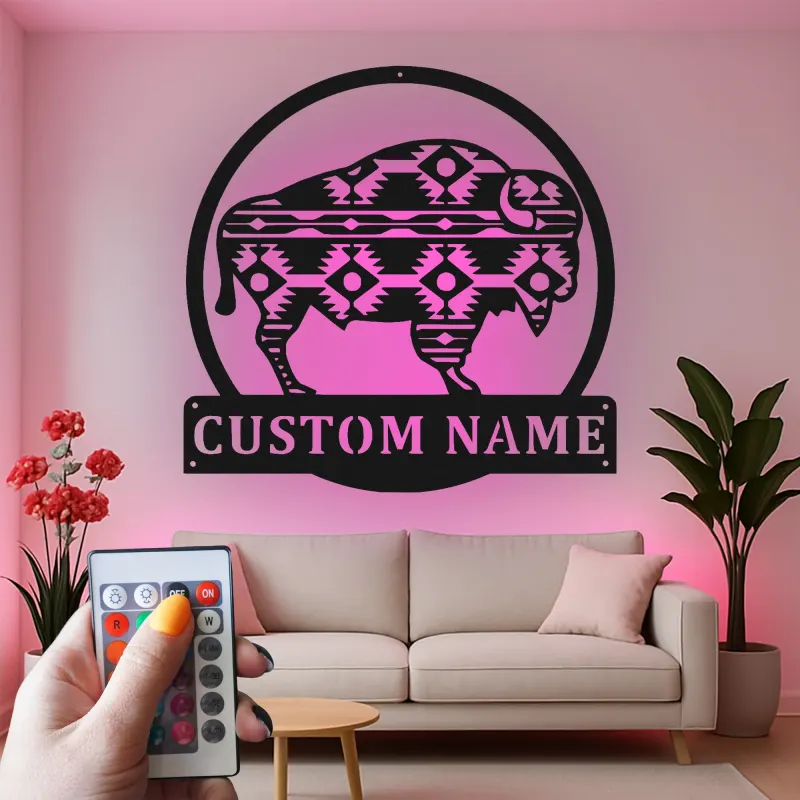 Insegna in metallo LED personalizzata con bufalo, regalo per amanti della natura, decorazione rustica per casa