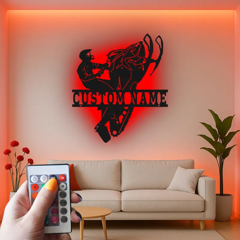 Custom Snowmobile Metal Sign | Personalized LED Wall Art for Man Cave | Extreme Winter Sports Rider Gift