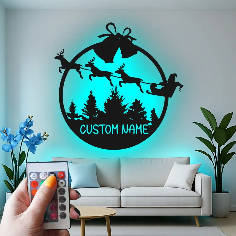 Cartel de metal LED personalizado de trineo de Santa regalo de Navidad para familias decoración festiva de sala de estar