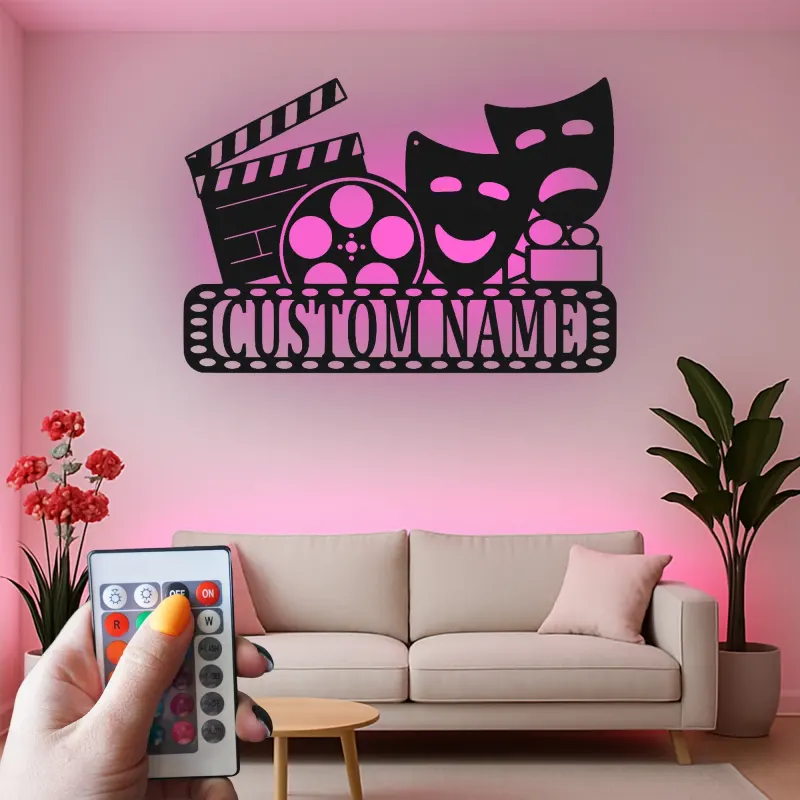 Personalized Theater Sign with LED | Custom Movie Room Decor | Metal Film Reel & Masks Wall Art for Cinema Lover Gift