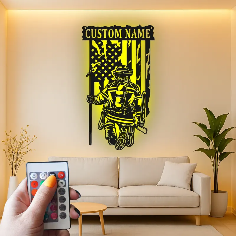 Personalized Firefighter LED Metal Sign | Custom Fireman Wall Art | Patriotic Hero Gift | Firehouse Decor