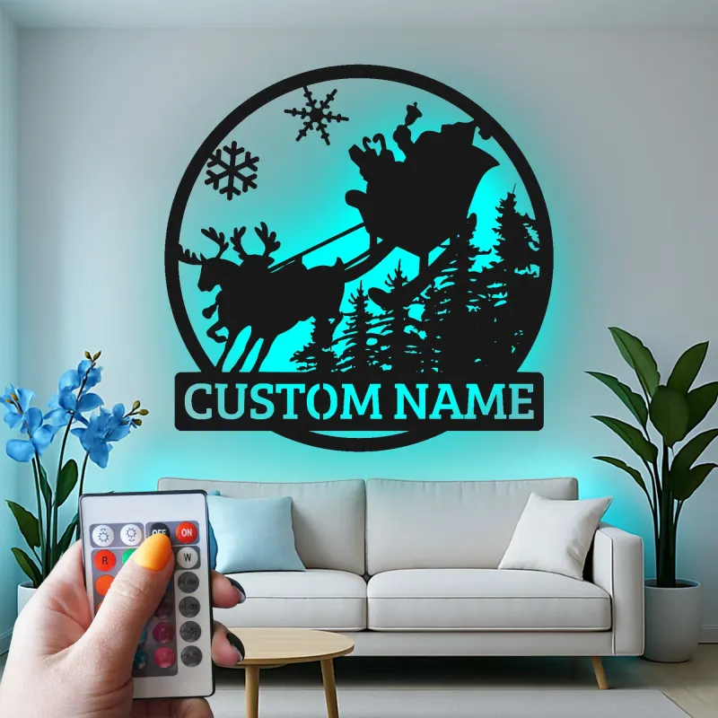 Cartel de metal personalizado de trineo de Santa | Arte mural navideño LED | Decoración navideña personalizada para el hogar | Silueta de reno con nombre