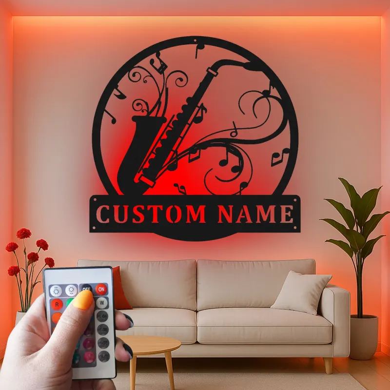 Panneau LED Personnalisé Saxophone | Décoration Murale en Métal pour Studio de Musique | Cadeau Joueur de Jazz | Décor Salle de Groupe