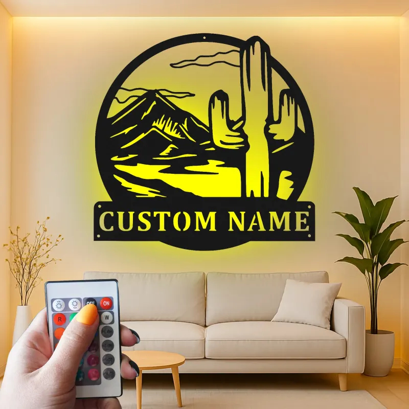 Custom Desert Cactus Led Light Metal Wall Art Personalized Southwest Gift Living Room or Patio Decor