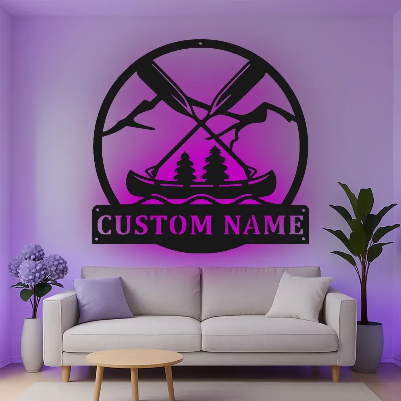 Décoration murale en métal personnalisée Aventure en Canoë avec rétroéclairage pour les passionnés d'extérieur