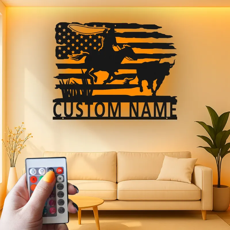 Cartel de metal personalizado con luz LED de vaquero rodeo, regalo western para él, decoración rústica de rancho
