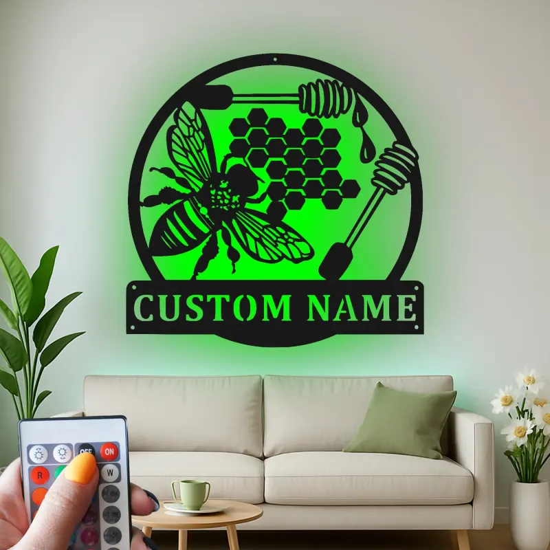 Décoration murale en métal personnalisée Abeille et Rayons de miel avec rétroéclairage