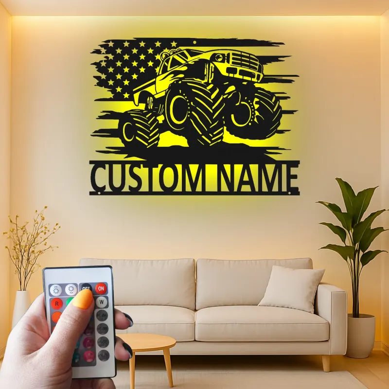 Personalisierte Monstertruck LED-Schild | Metall-Wandkunst mit amerikanischer Flagge | Maßgeschneiderte Garagen-Dekoration für das Kinderzimmer