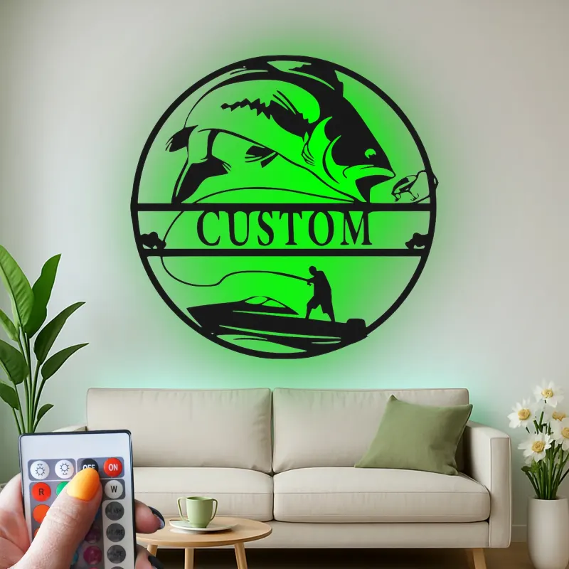 Arte murale in metallo da pesca su misura | Insegna LED personalizzata per pescatore | Arredo per casa al lago e regalo per angler