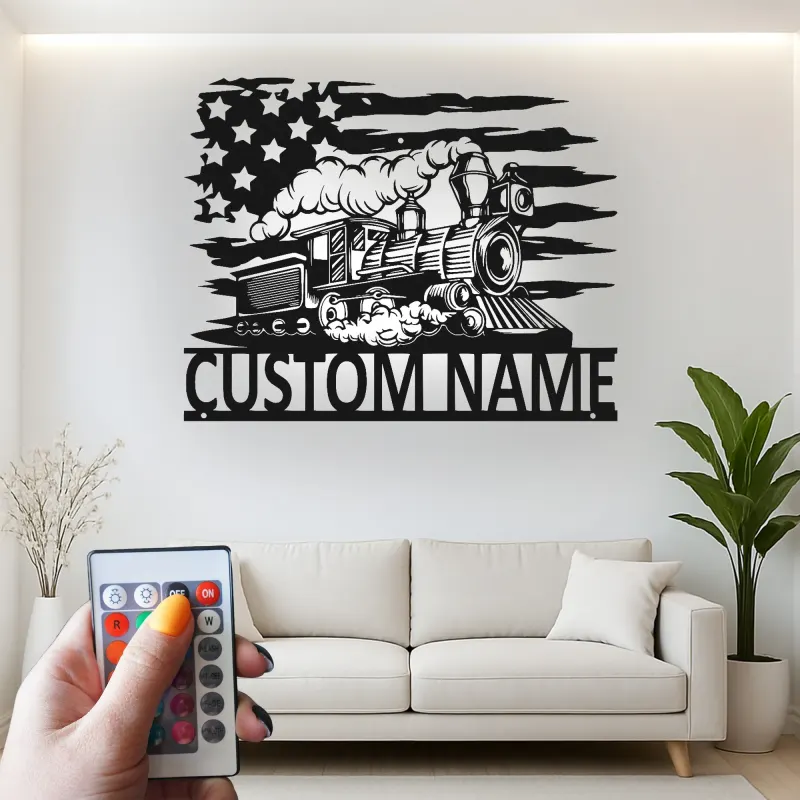 Décoration murale en métal personnalisée avec locomotive de train en rétroéclairage - Cadeau pour passionnés de trains - Décor de man cave