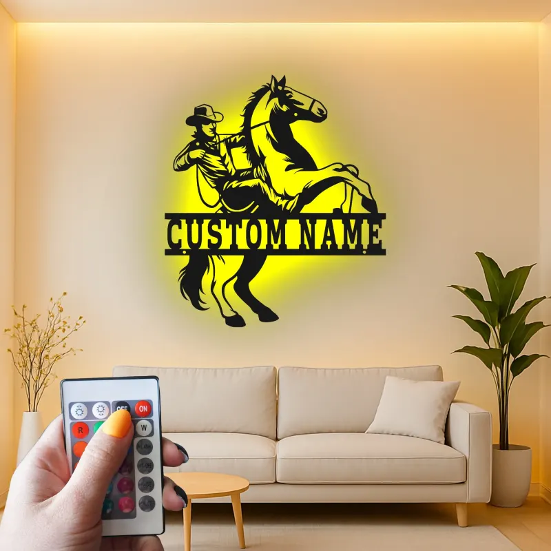 Insegna in metallo LED personalizzata con cowboy e cavallo - Regalo western per ranch o decorazione per man cave