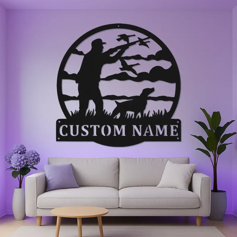 Insegna in metallo con cacciatore di anatre personalizzata | Arte murale da caccia illuminata LED | Decor per baita personalizzato | Regalo per appassionati di outdoor