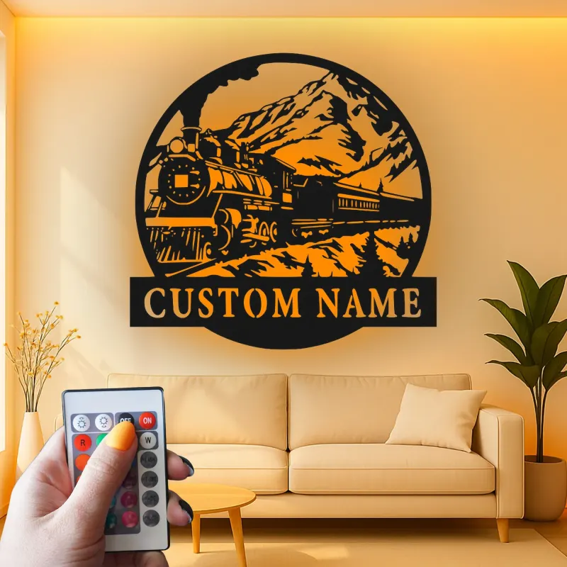 Décoration murale en métal personnalisée de train à vapeur avec rétroéclairage LED - Cadeau pour passionnés de trains, décoration pour salon ou bureau
