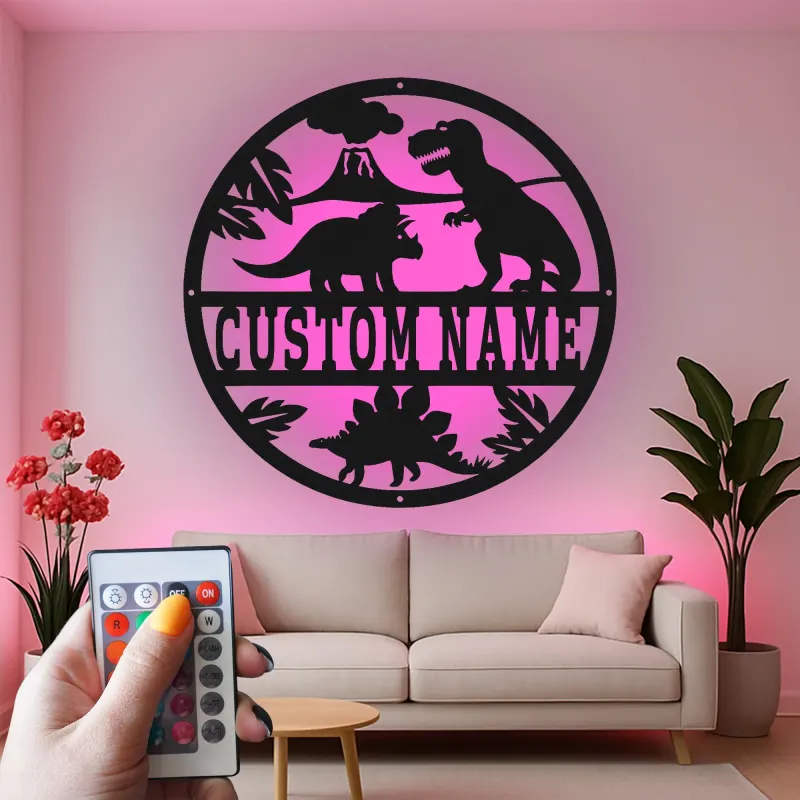 Insegna in metallo LED personalizzata con dinosauro per decorare la stanza dei bambini, regalo per la nursery per amanti dei dinosauri