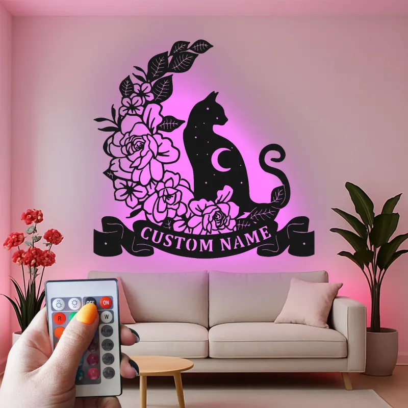 Décoration murale en métal personnalisée Chat et Fleurs avec rétroéclairage LED Cadeau pour amoureux des chats Décor de chambre ou de salon