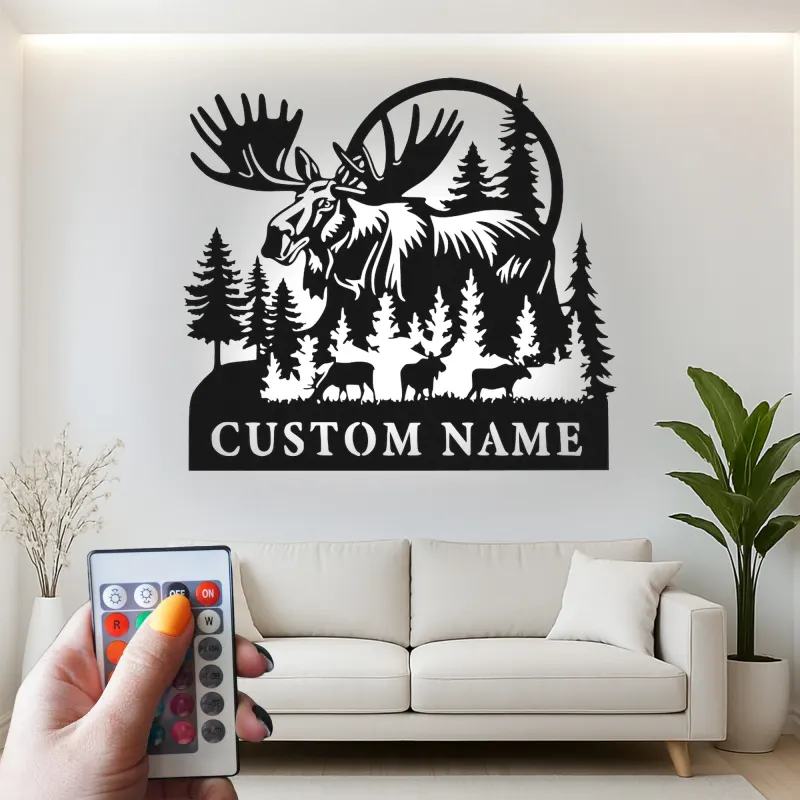 Custom Moose Family Metal Sign | LED Wall Art for Cabin & Lodge Decor | Personalized Rustic Wildlife Nature Lover Gift
