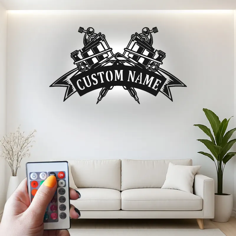 Insegna per Macchina dei Tatuaggi Personalizzata | Arte Murale in Metallo LED per Decorazione Studio Tatuaggi | Regalo per Artista del Tatuaggio
