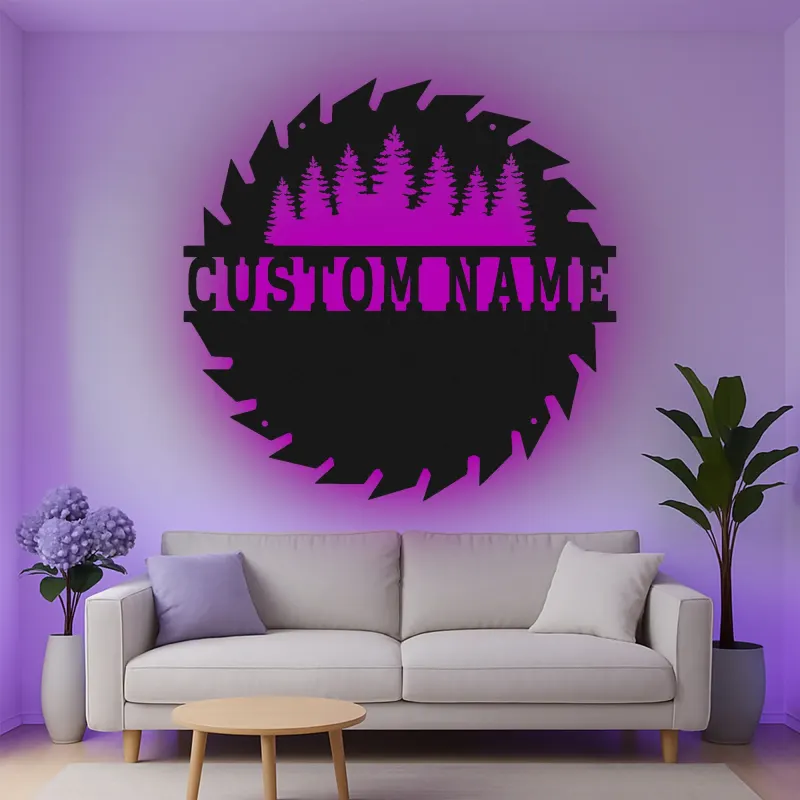 Cartel de metal LED del bosque de sierras personalizado, regalo para carpinteros, decoración rústica para el taller