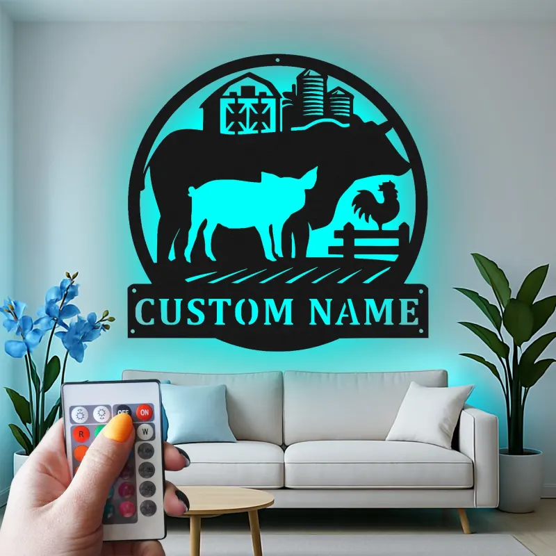 Cartel de metal LED personalizado con animales de granja, regalo para agricultores, decoración rústica de granja