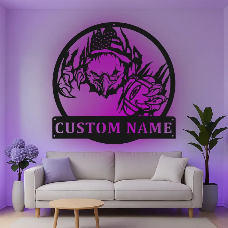 Cartel de metal personalizado con luz LED de águila americana y fútbol, regalo personalizado para aficionados al fútbol, decoración de man cave