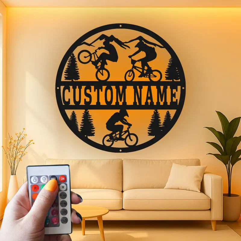 Custom BMX Cyclist Led Light Metal Wall Art Personalized Gift for Biking Enthusiasts Outdoor Adventure Decor