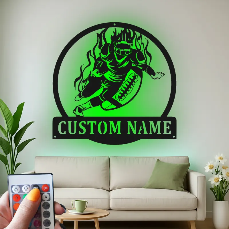 Insegna LED personalizzata con giocatore di football | Decorazione murale in metallo personalizzata | Arredo camera ragazzi e man cave | Regalo per atleta