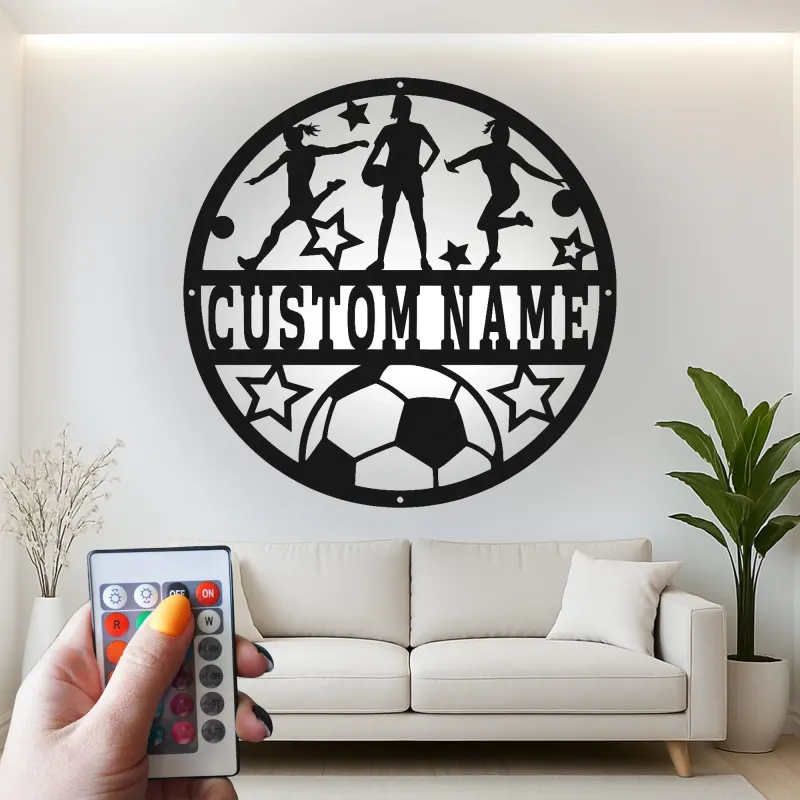 Insegna in metallo personalizzata con luce LED per calciatori, regalo personalizzato per appassionati di calcio, decorazione per sala giochi