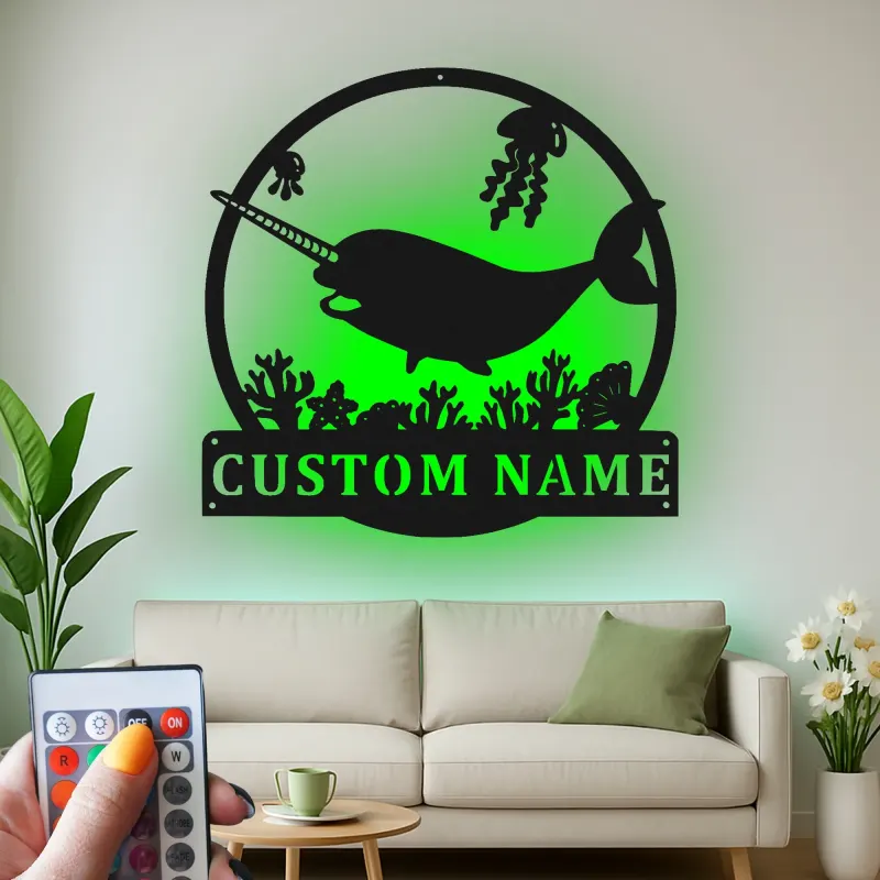 Personalized Narwhal Metal Sign | LED Nursery Night Light | Custom Ocean Theme Wall Art | Kids Room Decor