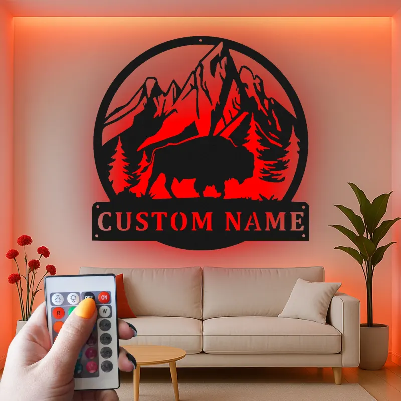 Cartel de metal LED personalizado de Bisonte y Montaña, regalo para amantes de la naturaleza, decoración rústica de cabaña 1