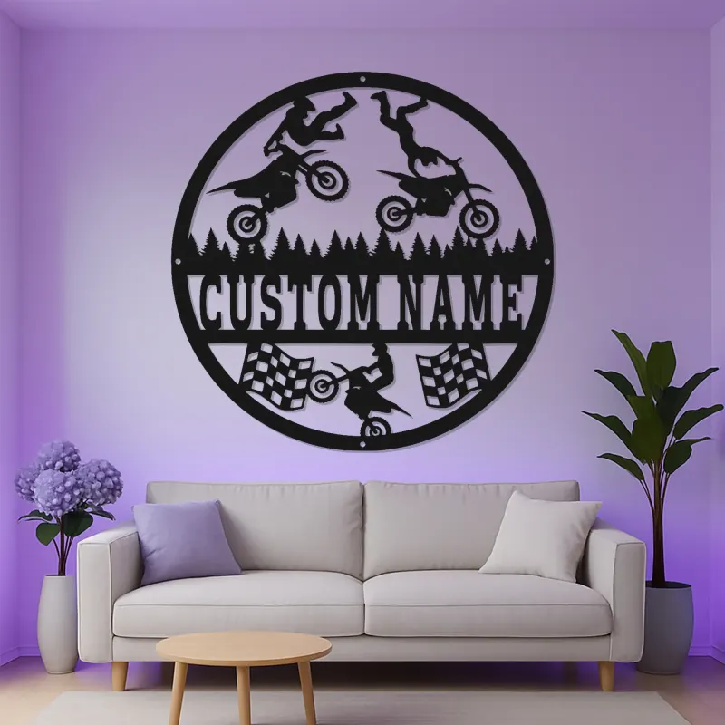 Panneau LED Motocross Personnalisé | Art mural en métal Moto Tout Terrain | Décor de course sur mesure pour cave à vin | Cadeau de pilote de cascade
