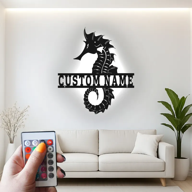 Cartel de metal personalizado de caballito de mar | Arte mural de luz LED personalizada | Decoración náutica para casa de playa | Regalo para hogar costero