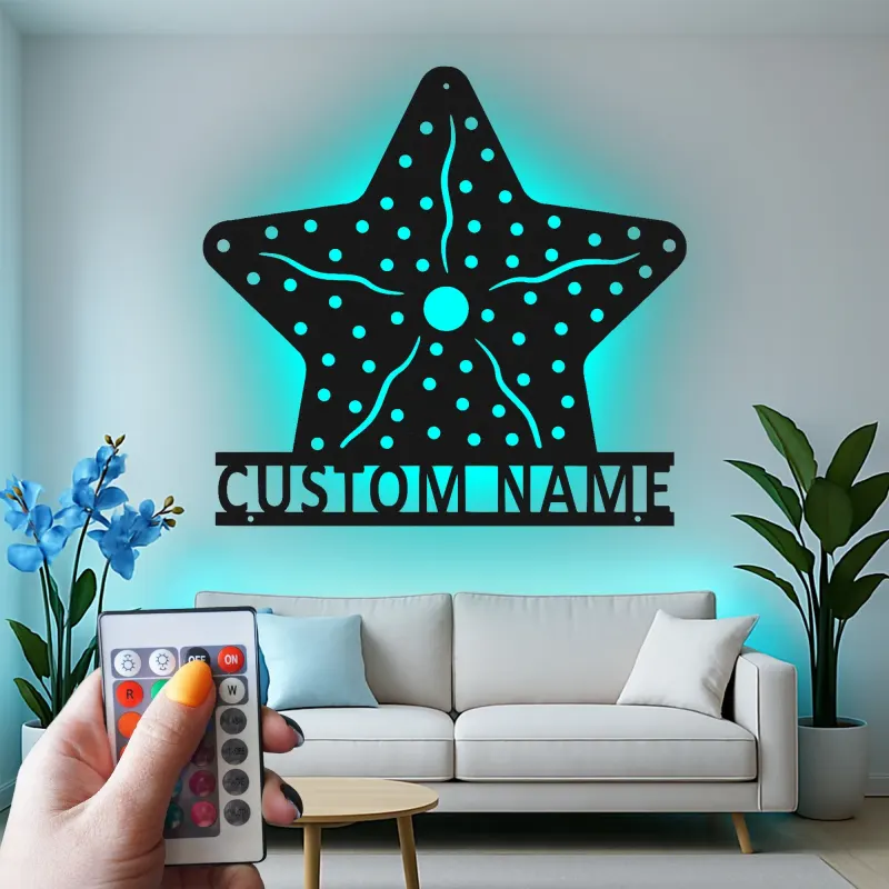 Custom Starfish LED Sign | Personalized Metal Wall Art | Nautical Beach House Decor | Coastal Ocean Lighting