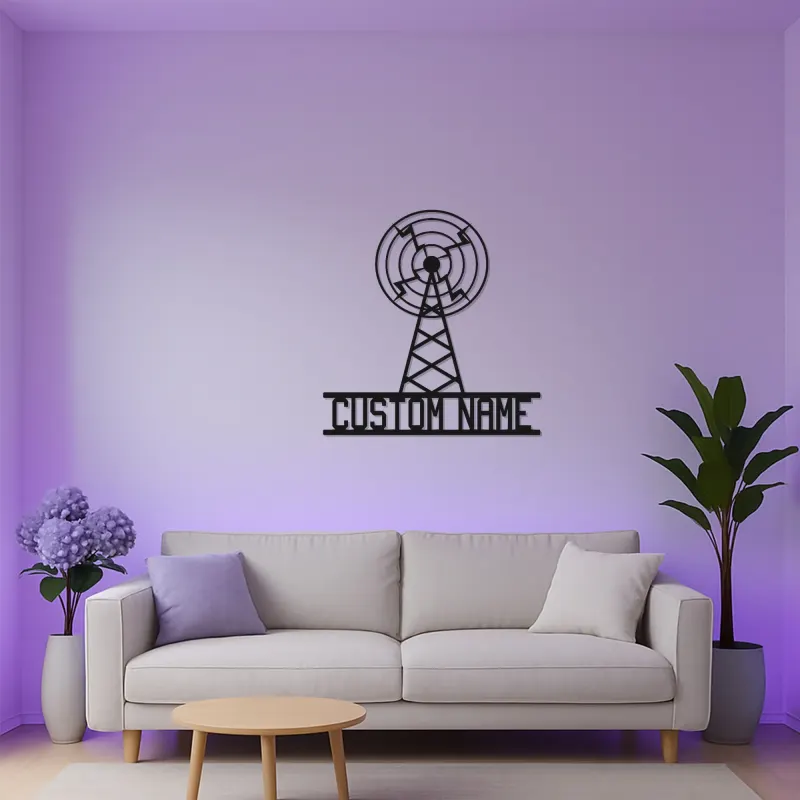Personalisierte LED Metall-Wandkunst eines Funkmastes | Individuelles Retro-Broadcasting-Schild | Vintage Radio Antenne Dekor für Studio & Büro