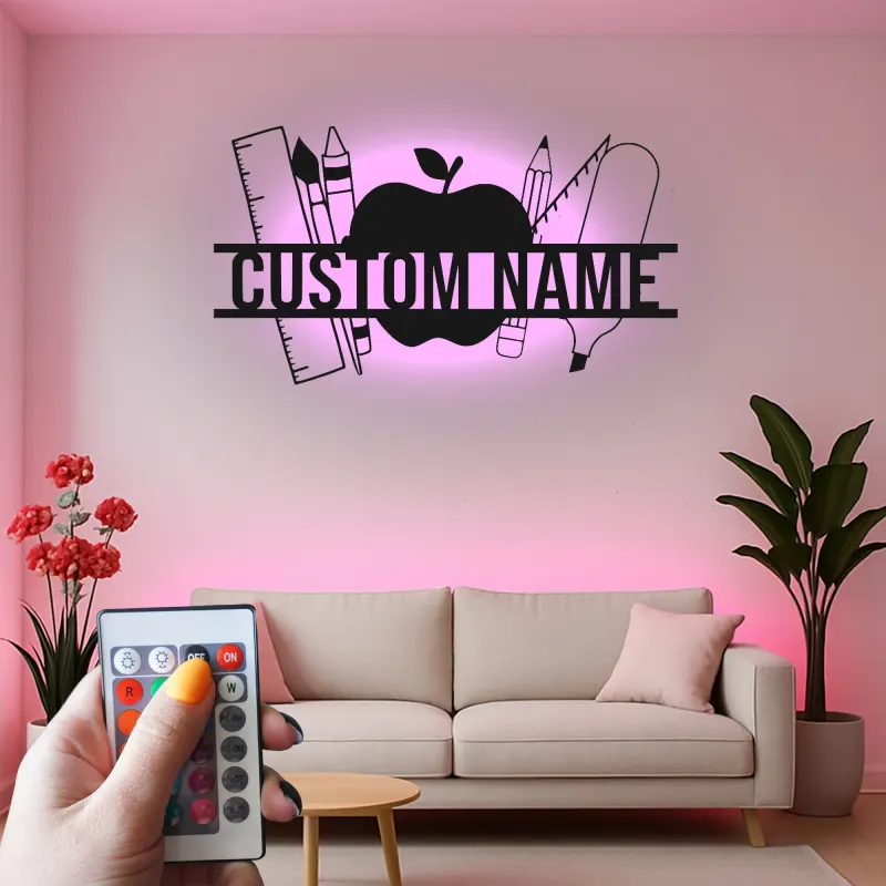 Cartel de nombre de profesor personalizado | Arte mural de metal LED en forma de manzana | Decoración de aula personalizada | Regalo de agradecimiento para profesores