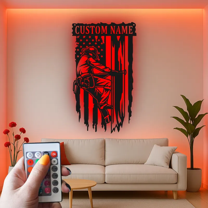 Custom Firefighter Metal Art | Personalized LED Name Sign for Firehouse Decor | Patriotic Wall Decor | Gift for Fireman