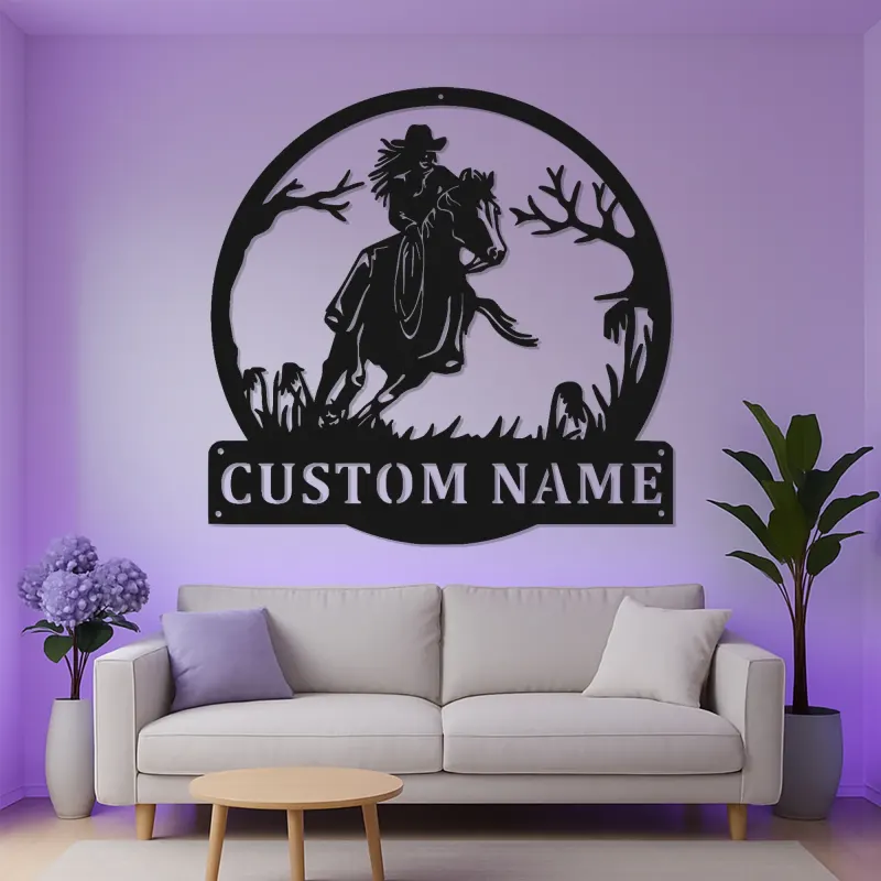 Insegna LED personalizzata Cowgirl | Arte murale in metallo equestri personalizzata | Decorazione western moderna | Regalo illuminato per cavalieri