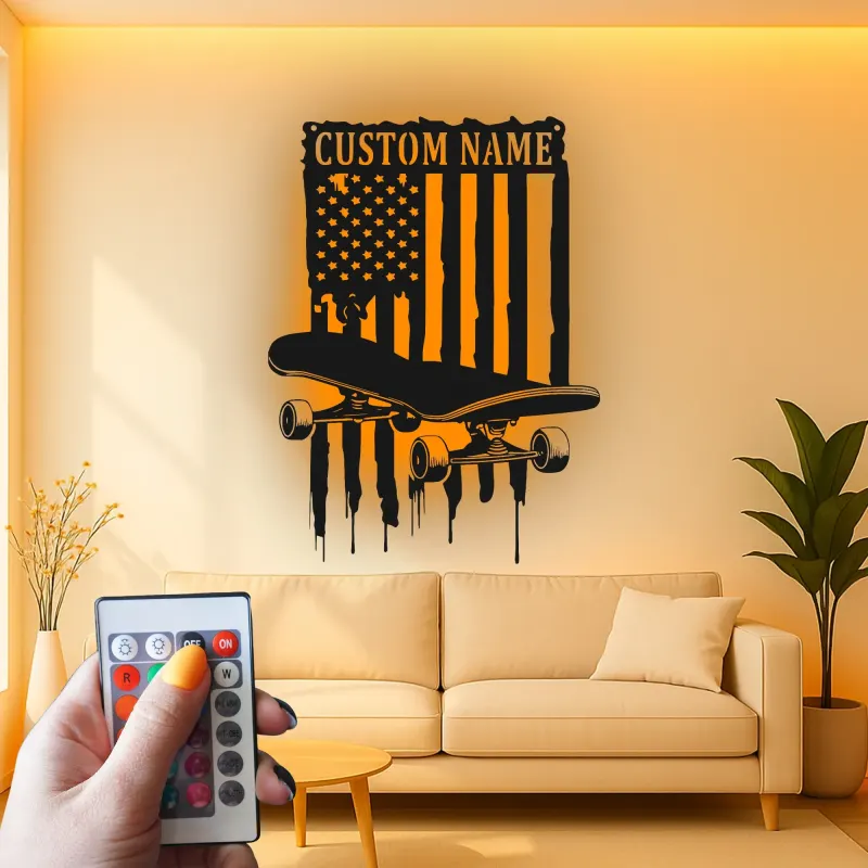 Panneau de nom en skateboard personnalisé | Décoration murale en métal LED | Décor de chambre d'adolescent avec drapeau américain | Cadeau personnalisé pour skateur
